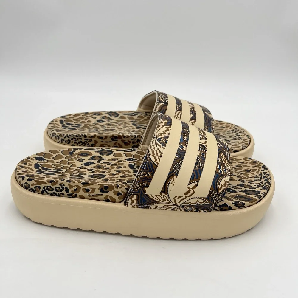 adidas Women's Leopard Print Platform Slides Animal Print 3 Stripe Sandals